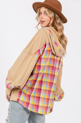 SAGE + FIG Mineral Wash Plaid Hoodie - Full Size Oversized Comfort